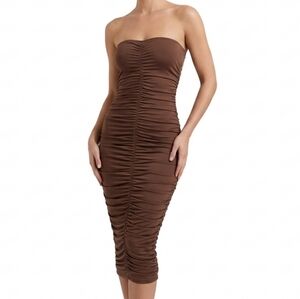 Strapless Brown Ruched Bodycon Dress